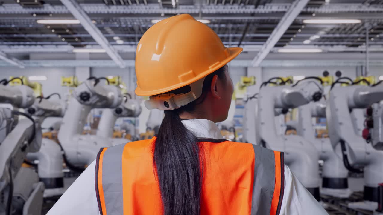 mujer ingeniera observando robots industriales