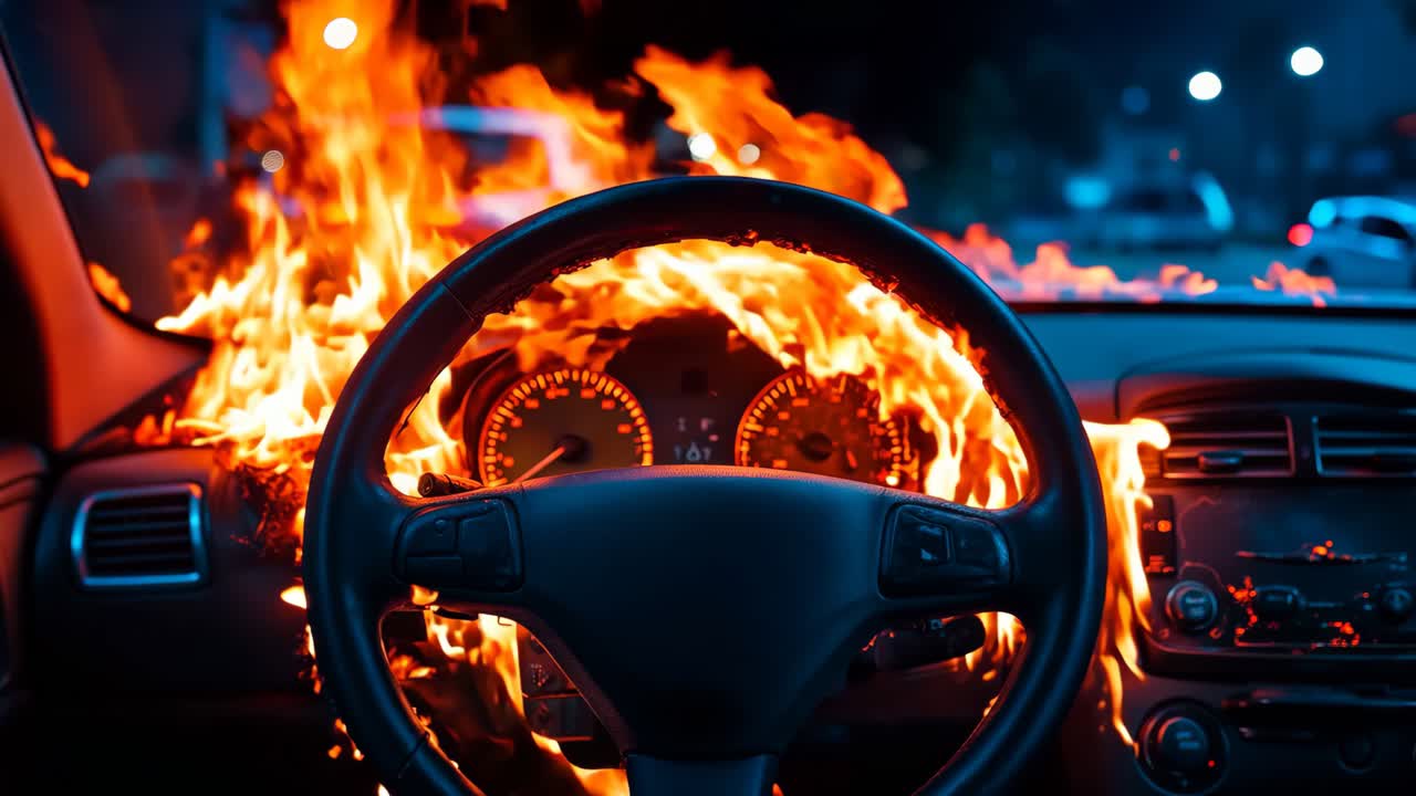 한 차가 차의 대시보드에 불꽃으로 싸여 있습니다.