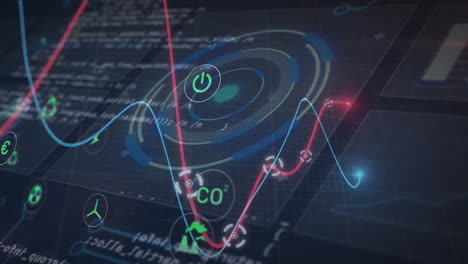 animation of scope scanning, statistics with financial data processing over blue background
