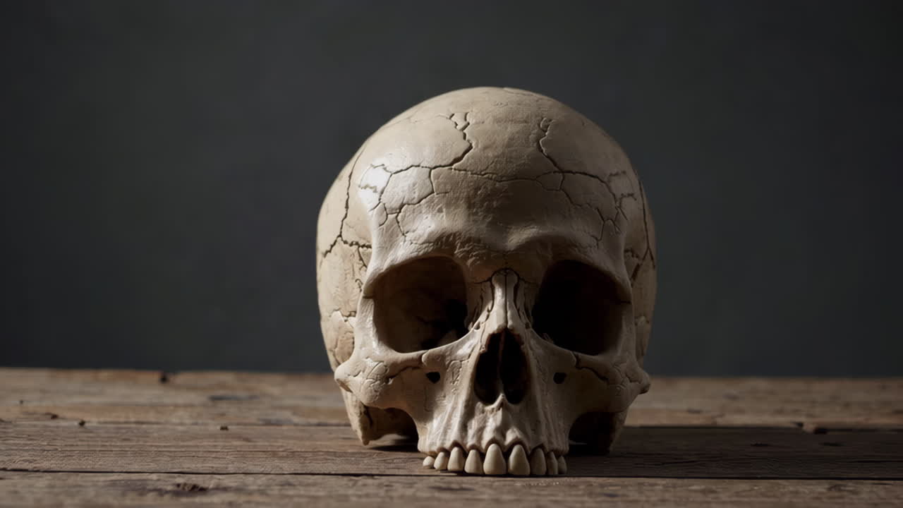 Human Skull on Wooden Table