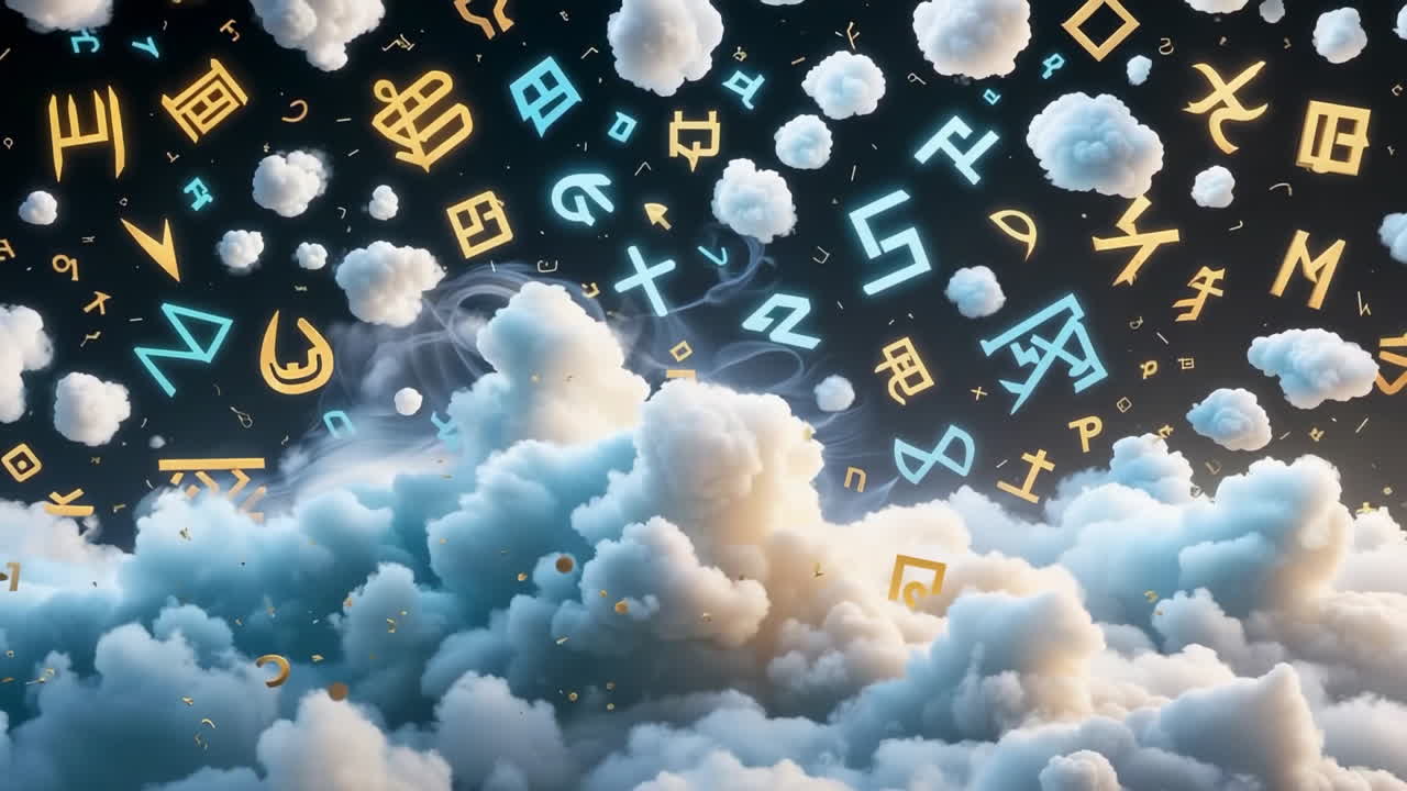 Abstract Glowing Symbols Amidst Clouds