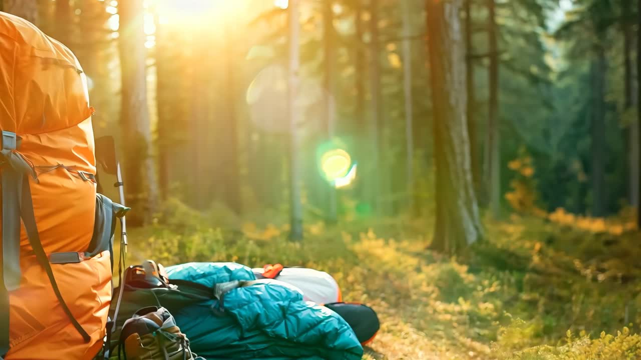 バックパックと森のハイキングブーツのペア