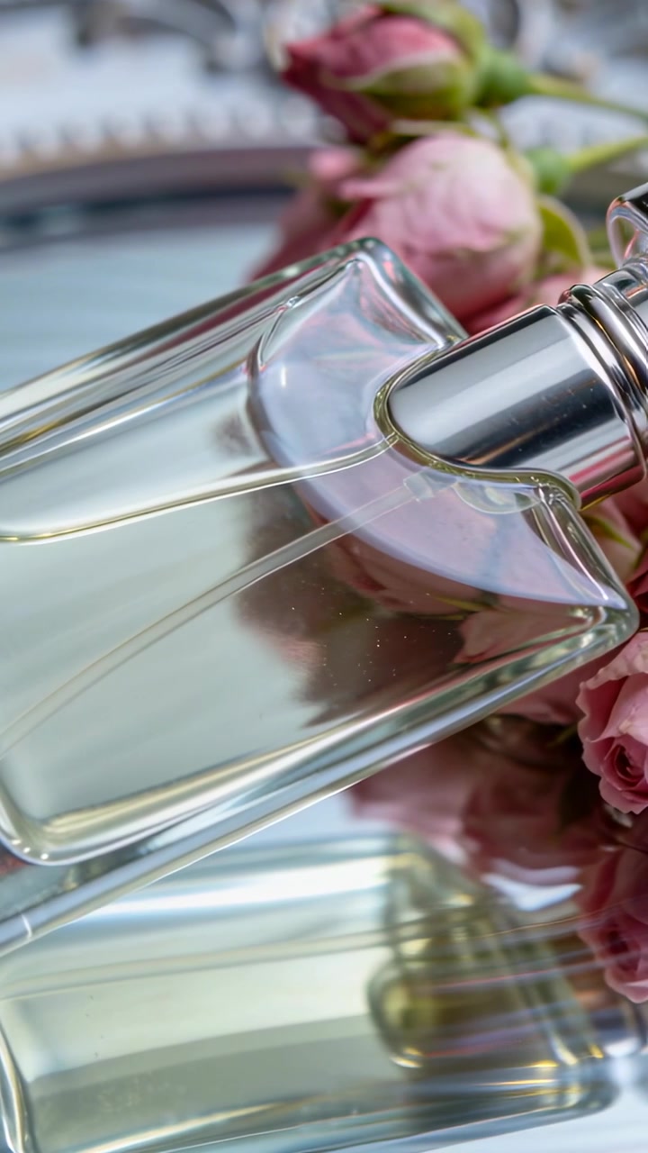 Video verticale: Inquadratura inclinata che mostra una bottiglia di profumo con vaporizzatore sulla toeletta, con boccioli di rosa rosa.