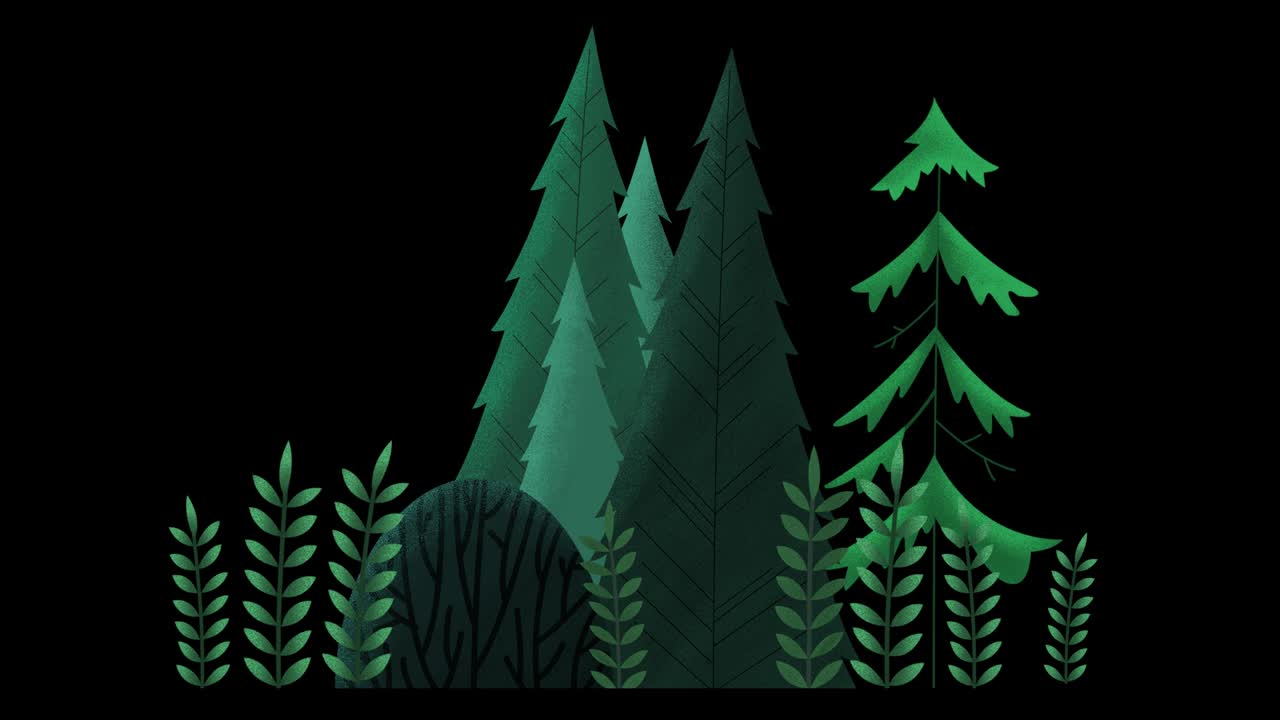 끊임없는 루프: 상록 나무, 풀, 덤불의 그룹, 바람에 흔들리는, 밝은 녹색.