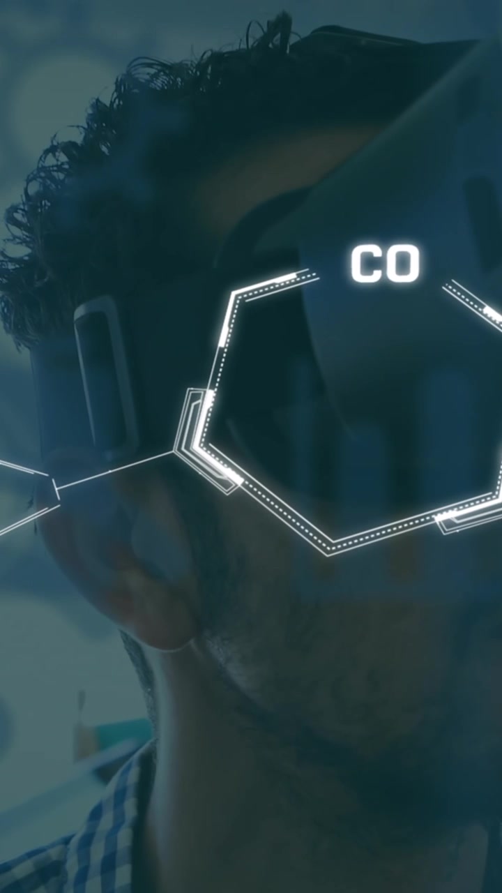 Animation of chemical equations over caucasian man using vr headset
