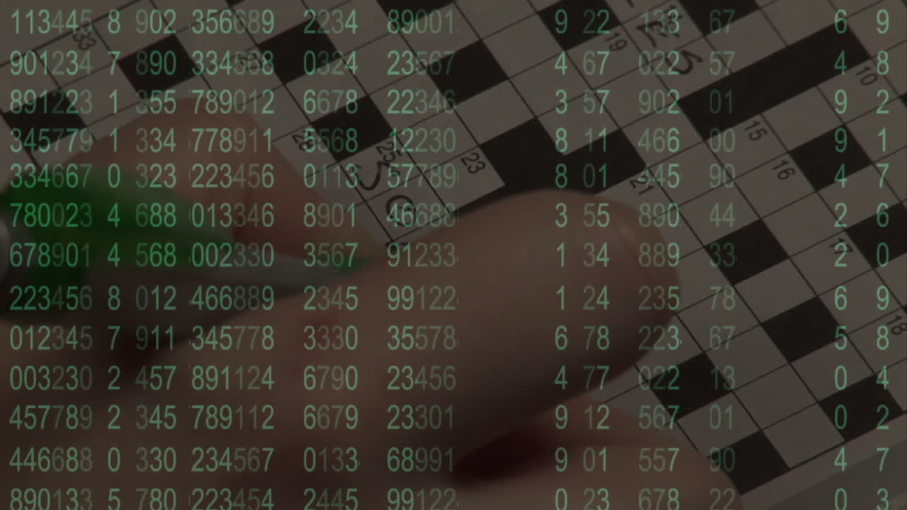 Solving crossword puzzle, person with numbers and data animation floating around