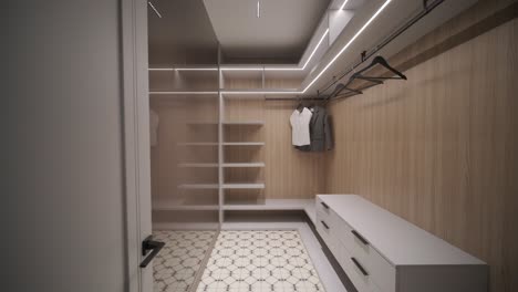 within a walk-in closet, sleek white drawers and shelves are illuminated by modern led lighting, set against a warm wood backdrop, highlighting a well-organized and stylish space for clothing and accessories