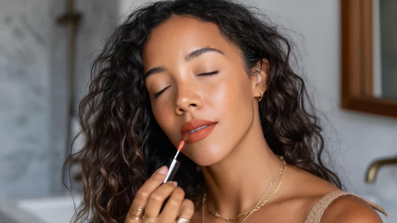 A Confident Woman Applying Lipstick in a Bright, Modern Bathroom, Capturing the Essence of Beauty, Self-Care, and Personal Grooming in Two Framed Moments