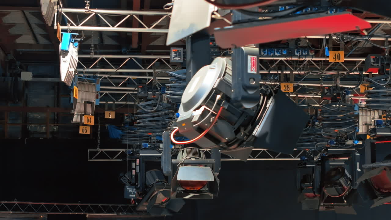 Close up of studio lights equipment on the ceiling of a TV set