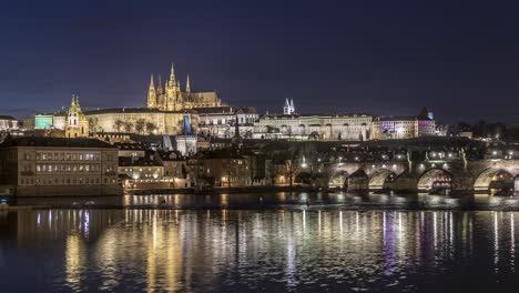timelapse of prague castle and charles bridge with boats on vltava river, 4k zoom in view