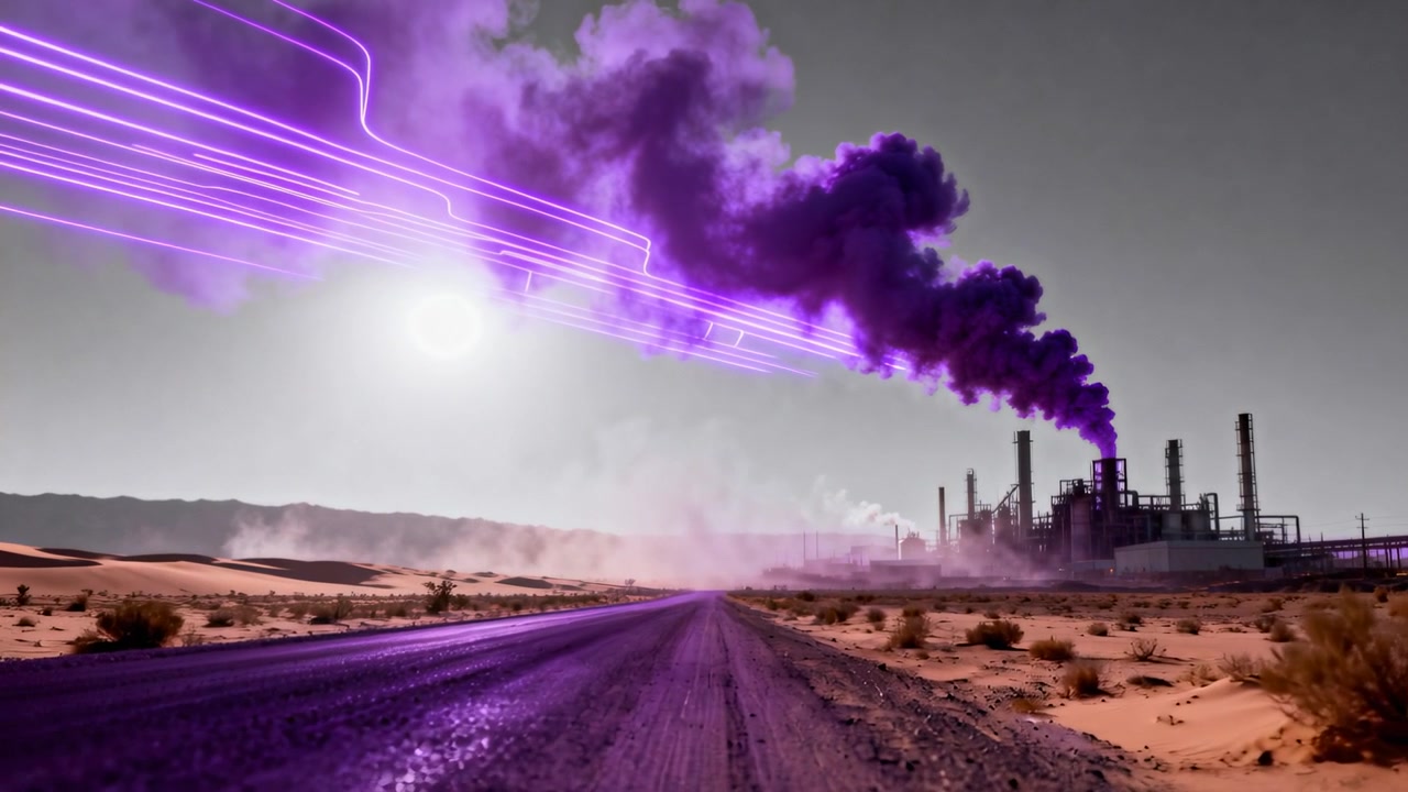 Following neon streaks moving across sky, desert road casting purple glow to stacks venting smoke