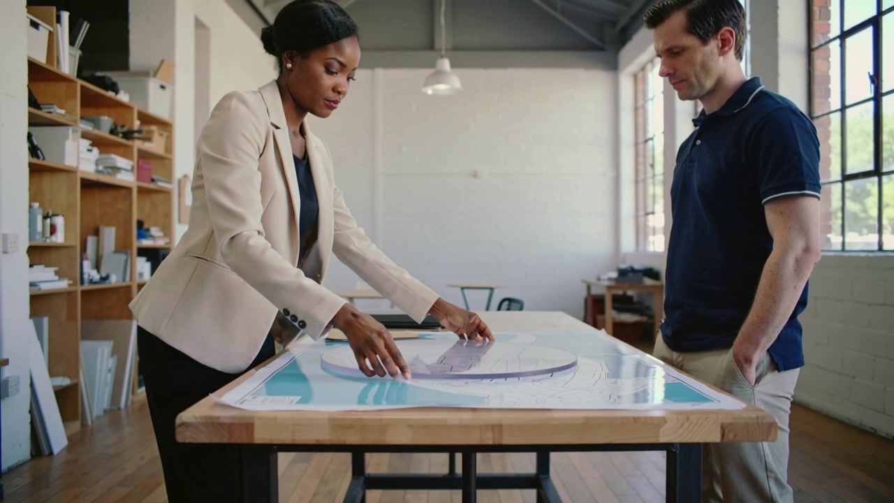 Smoothing plan, designer in beige blazer placing curved model on work table in studio for review