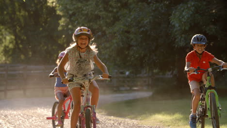 group of children on cycle ride in countryside together