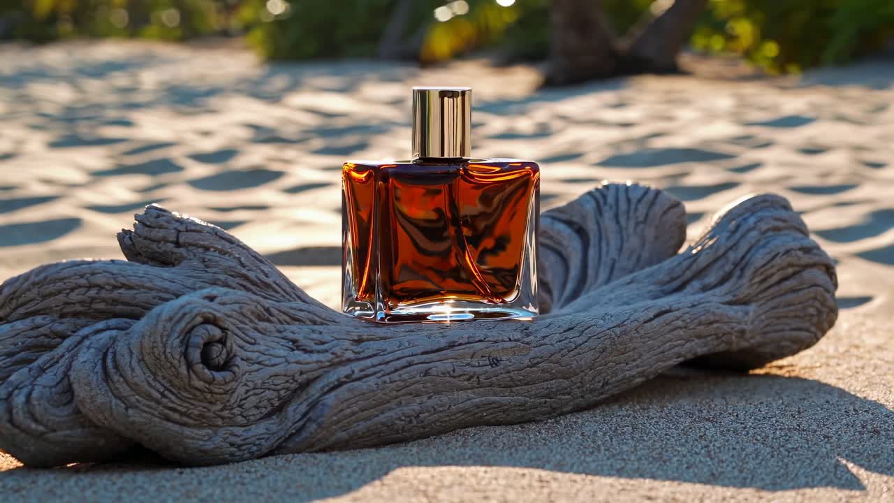 Bottiglia di profumo di lusso su legno galleggiante sulla spiaggia