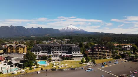 aerial shot of pucon and villarica volcano