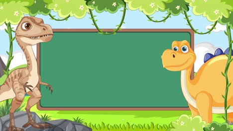 two cartoon dinosaurs interact in a vibrant, green setting with a central chalkboard, conveying a playful and educational theme