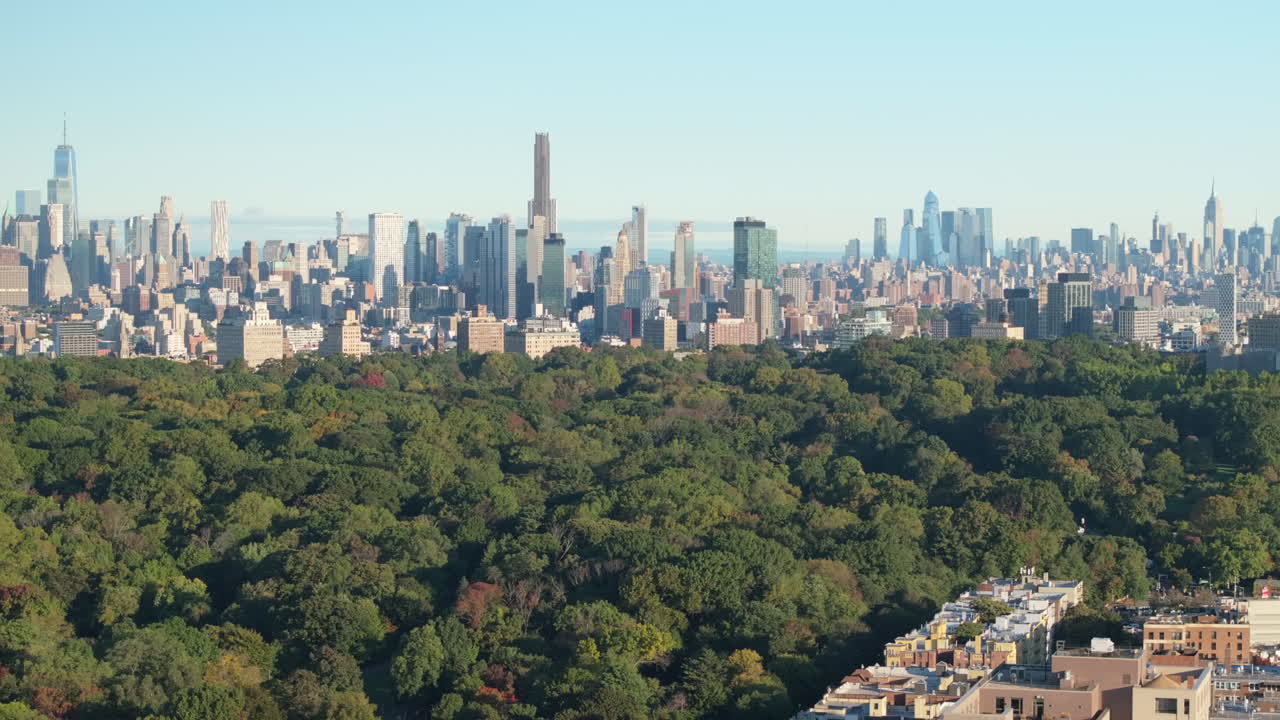 Aerial view of Prospect Park and the Manhattan skyline. Shot on an October morning in 4k.