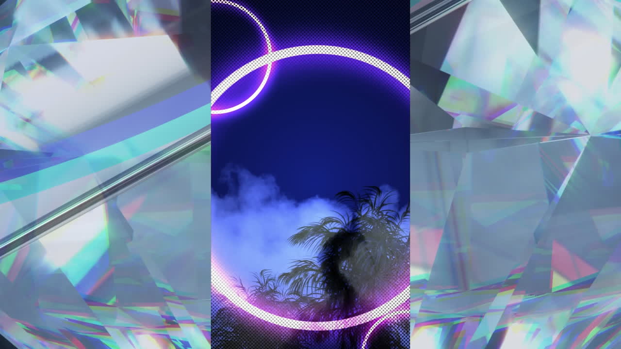 검은 바탕에 크리스탈 위에 네온 원과 식물의 애니메이션