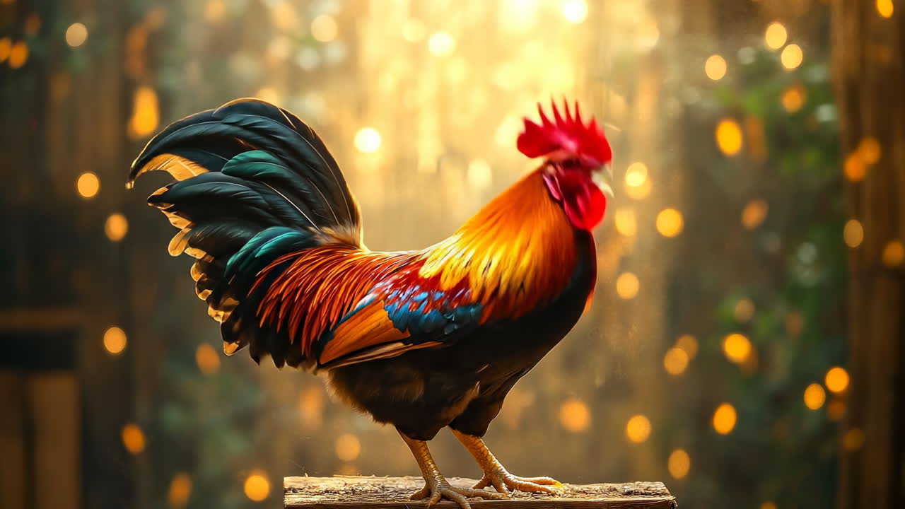 Majestic rooster crowing at dawn. A vibrant rooster standing tall and crowing in glowing morning light