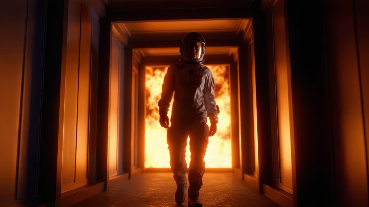 Un astronauta attraversa un corridoio infuocato, incarnando coraggio e resilienza sullo sfondo di un inferno scatenato in una suggestiva scena di esplorazione fantascientifica