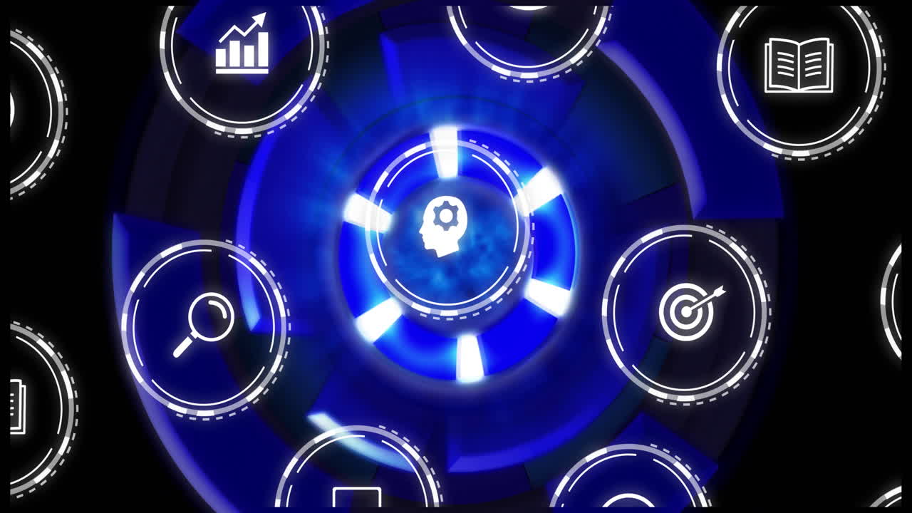 Rotating blue and white gears animation over business and technology icons