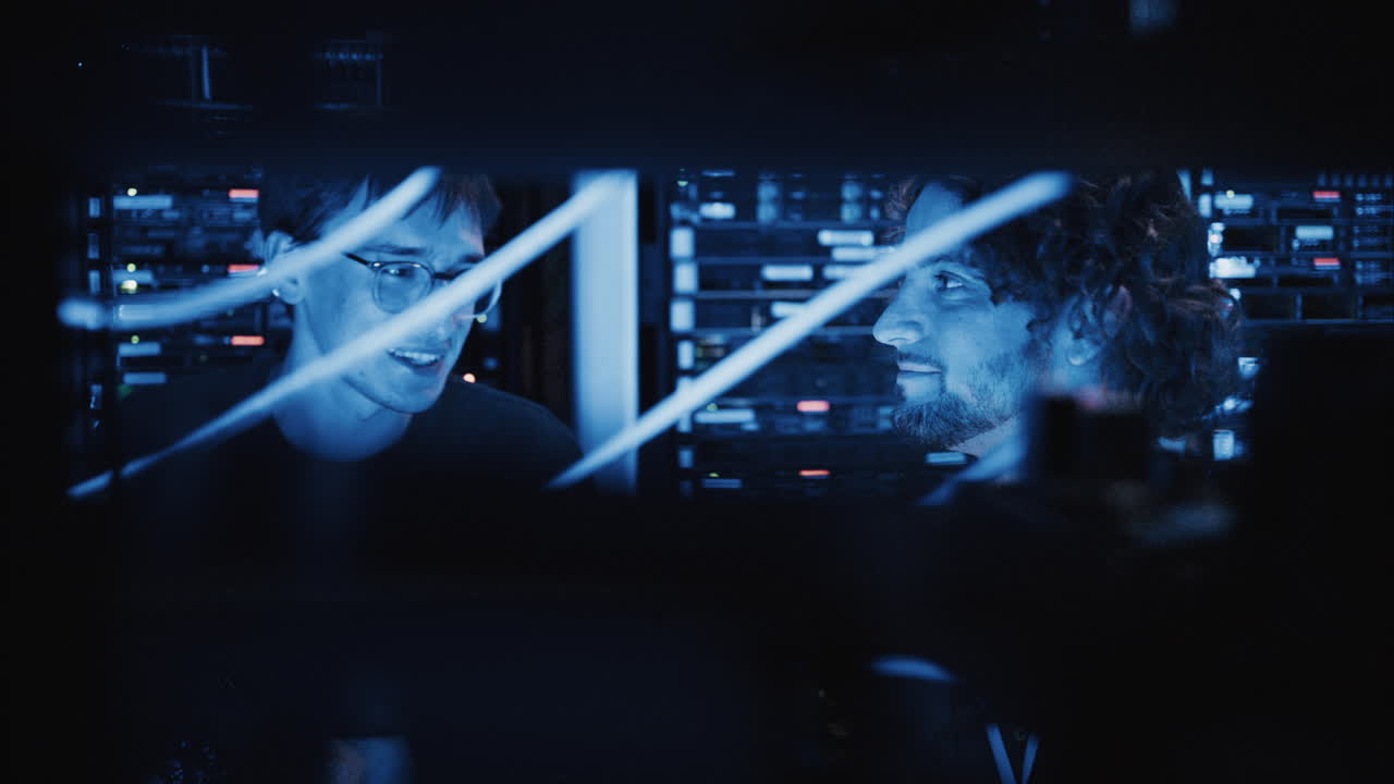 Two men analysing servers in a data center