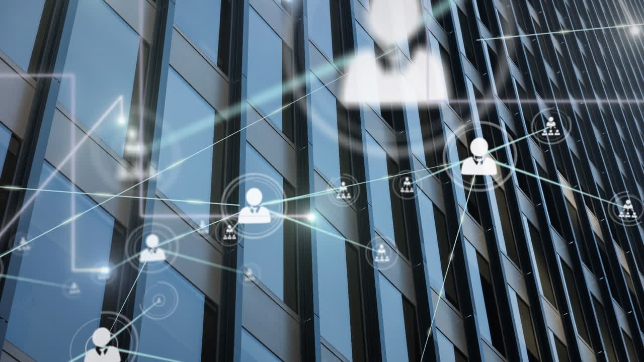 현대적인 건물 위에 데이터 처리의 애니메이션