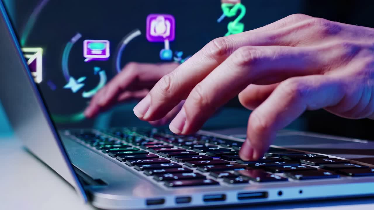 Close-up angle of hands typing on a laptop with colorful digital icons floating