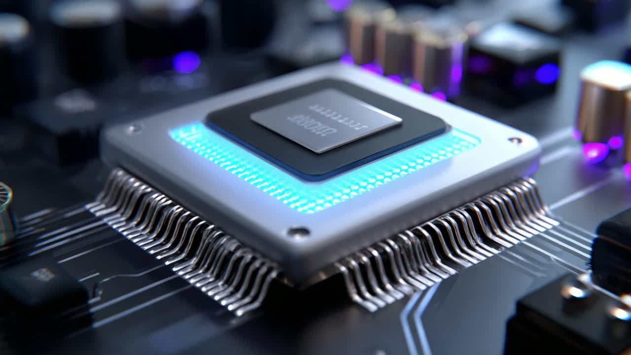 Detailed Close-Up of a Modern Microprocessor on a Circuit Board with Emphasized LED Lighting, Showcasing Electronic Components and Advanced Technology in a Sleek, Futuristic Design