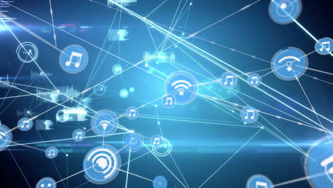 music and wireless network icons animation over interconnected lines and nodes