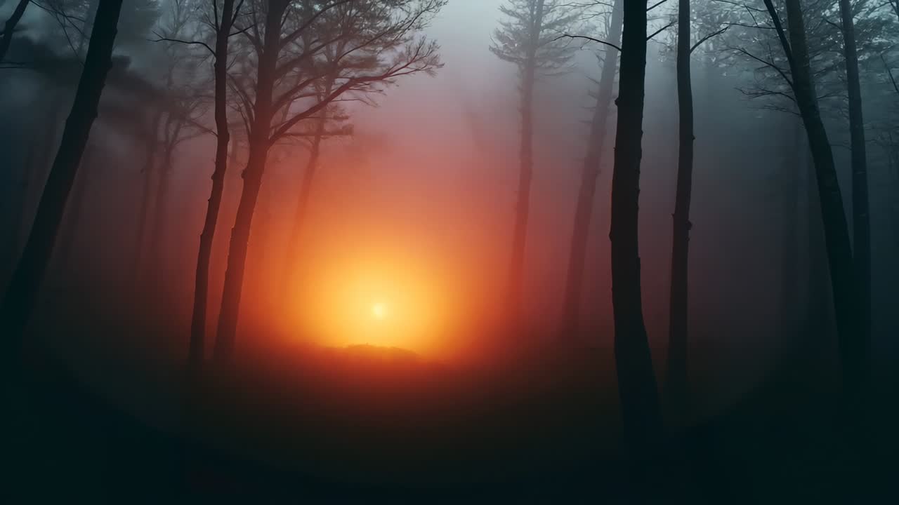 Glowing orange light lighting foggy forest clearing, mist shifting and revealing silhouetted trunks