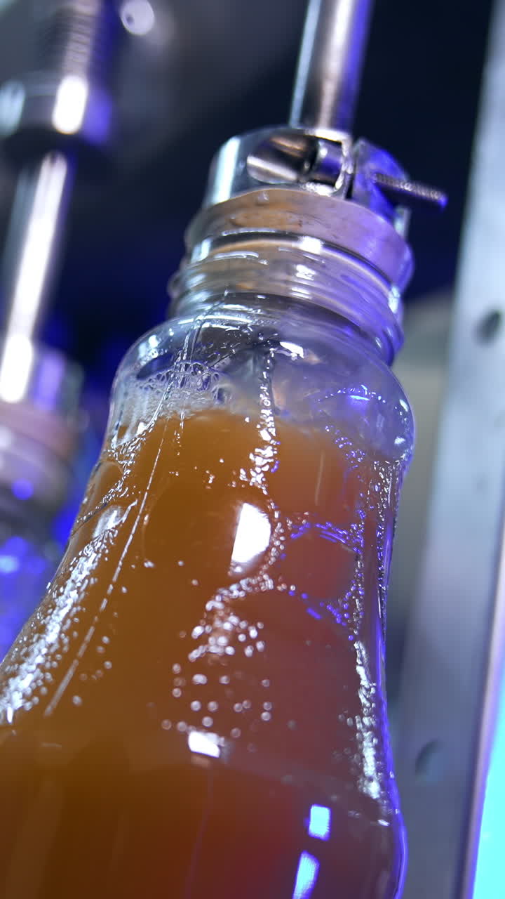 Few glass bottles being filled full with freshly-made juice. Automated technological process of juice manufacturing. Close up. Vertical video