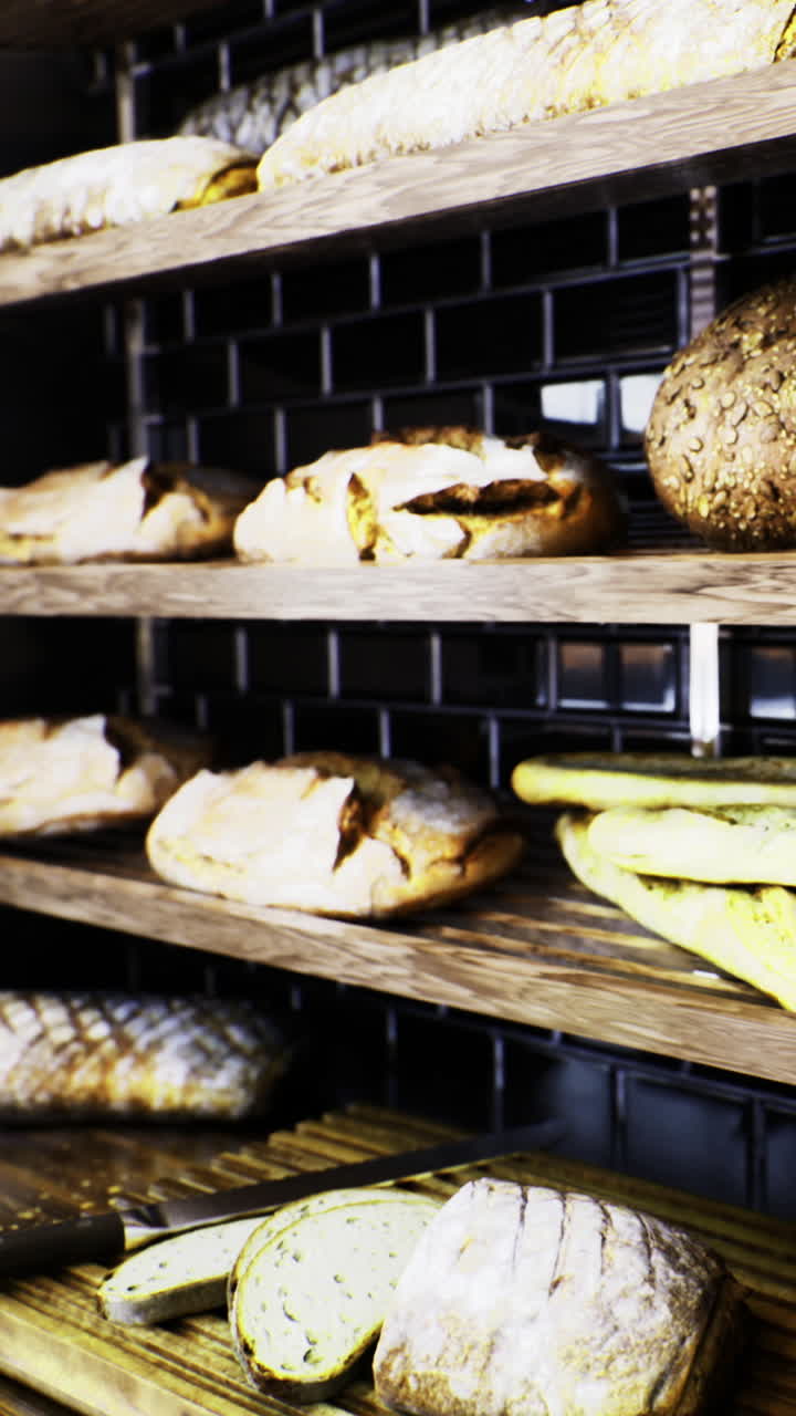 Bread loaves arranged on wooden shelves in a bakery setting