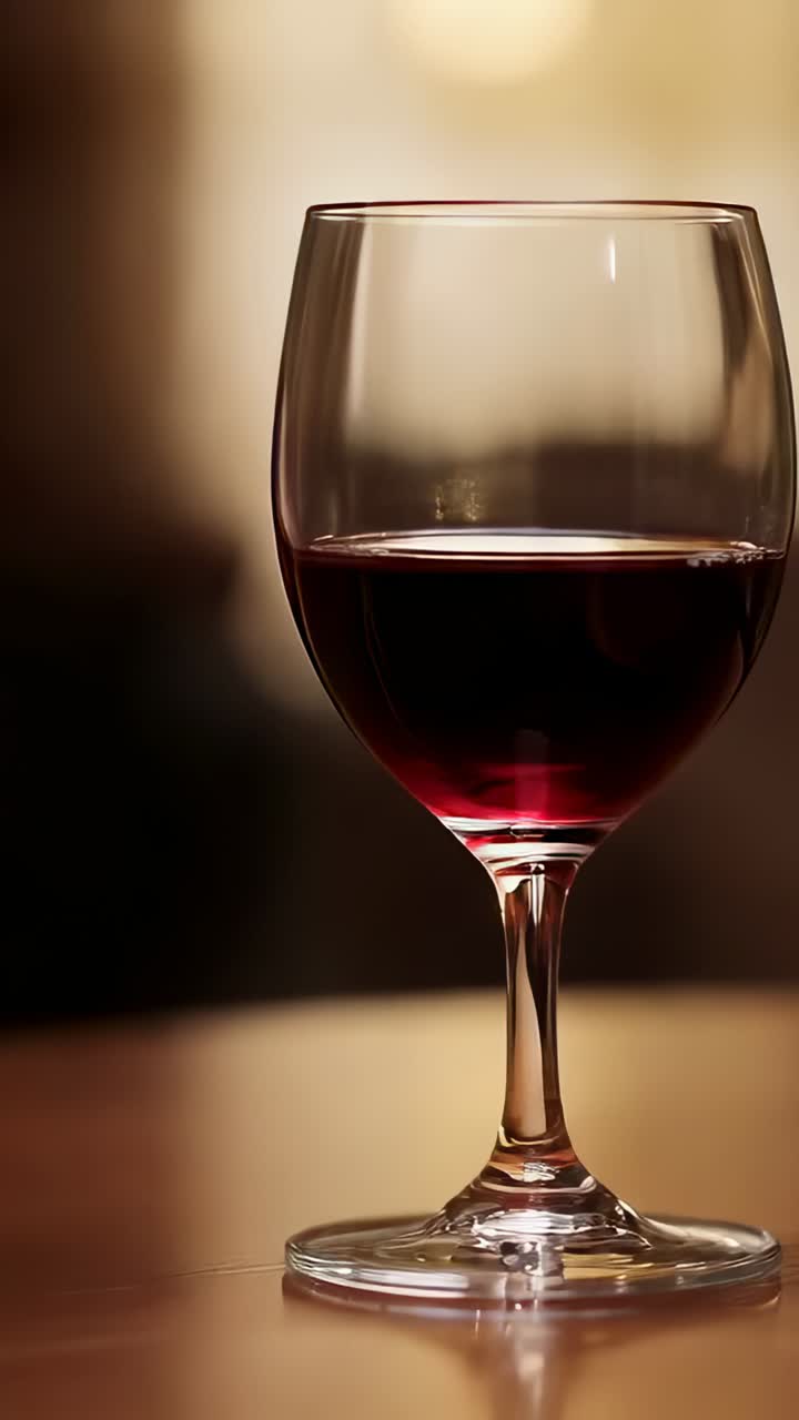 Video verticale: mano che solleva un calice di vino rosso da sinistra a un tavolo, bokeh ad anello