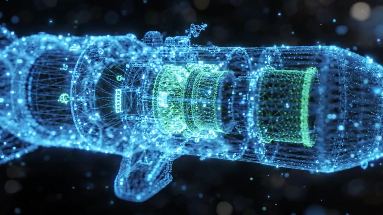 Una rappresentazione digitale futuristica di un sistema di propulsione che mostra dettagli intricati, flussi di energia ed elementi di design high-tech in una composizione visivamente accattivante