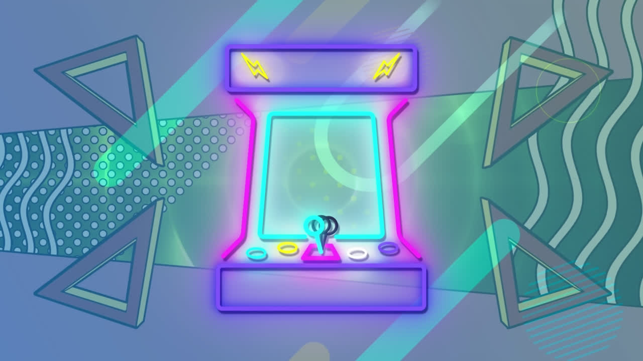 Animazione di un'icona di videogioco retrò al neon su un motivo di forme astratte su sfondo viola.