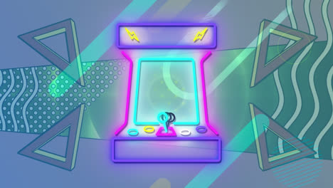 animación del icono de videojuego retro de neón contra formas abstractas patrón en fondo púrpura