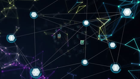 Animation-of-network-of-connections-with-icons-over-globe