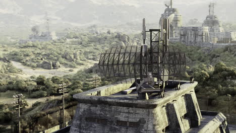 abandoned communication outpost in a post apocalyptic landscape