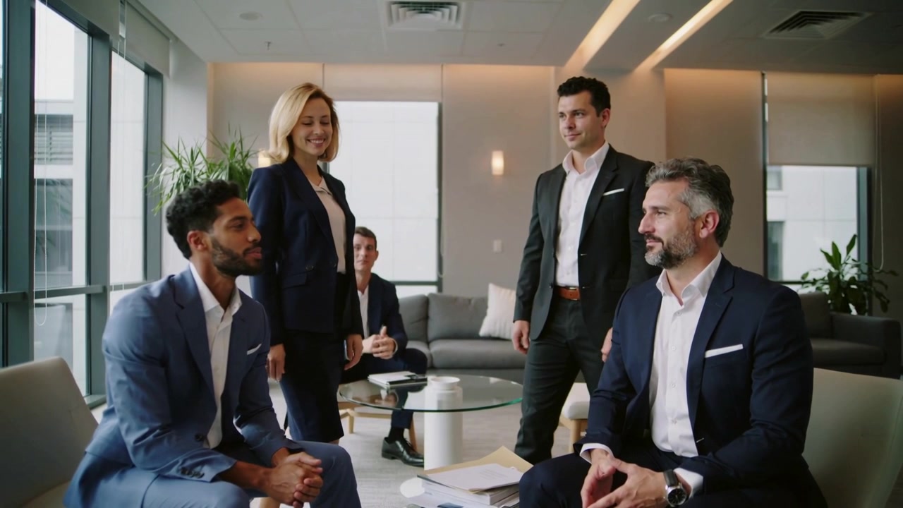 Gesturing bearded man leading team in suits toward agreement in lounge, papers on glass table