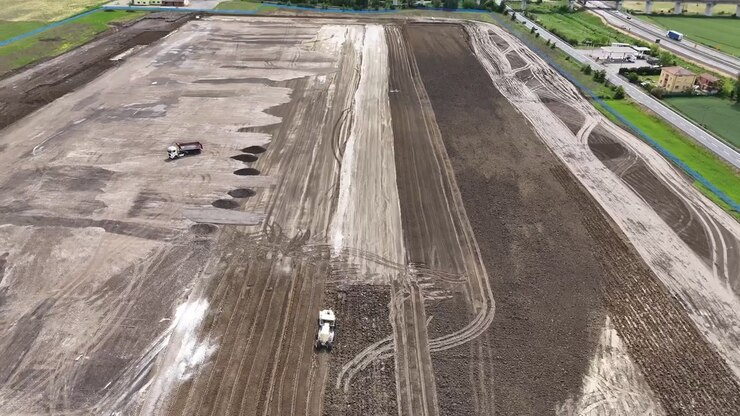 Macchine movimento terra operano su ampi campi agricoli nella Pianura Padana, Italia, con tracce di pneumatici parallele e terreno livellato che delimita l'area di lavoro, prospettiva dall'alto con effetto parallasse