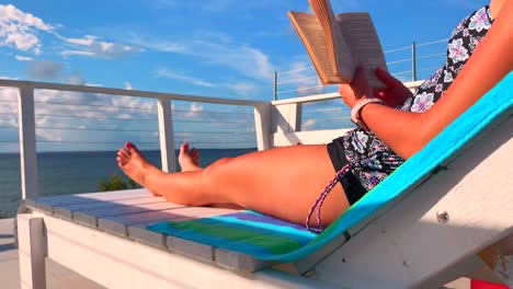 a relaxing scene of a girl sunbathing and reading from her sundeck overlooking the water