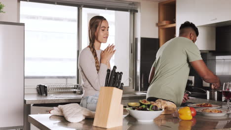 food, couple and cooking in a kitchen by man