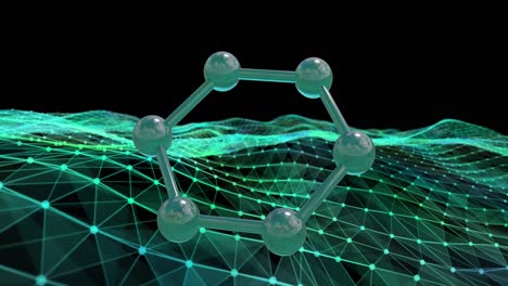 초록색 mesh와 검은색 배경에 있는 분자 네트워크의 3d 마이크로의 애니메이션