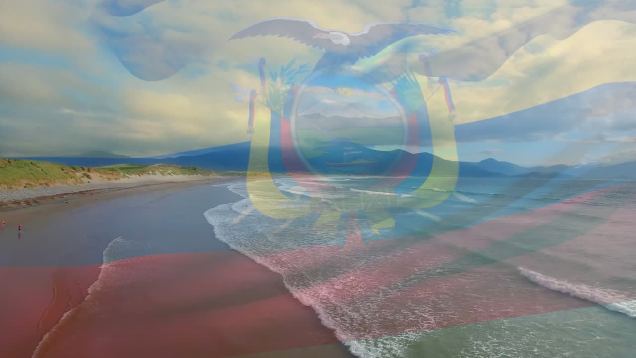 animación de la bandera ecuatoriana ondeando sobre una playa soleada