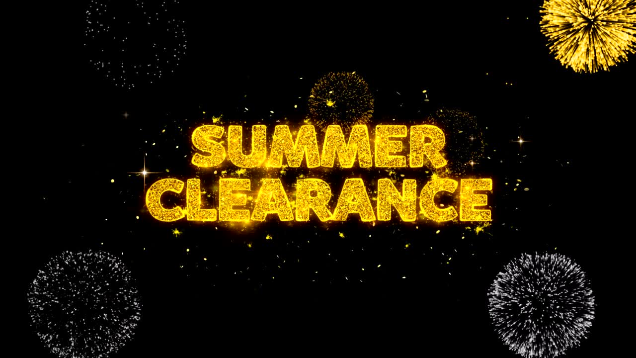 여름 클리어런스 텍스트는 반이는 황금 입자 불꽃놀이를 보여줍니다.