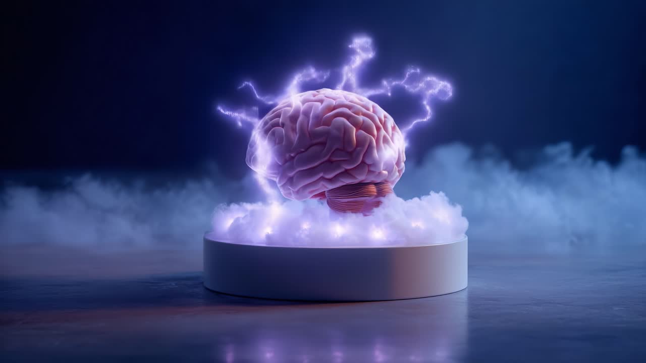 Una splendida visualizzazione di un cervello circondato da energia elettrica e nebbia, che simboleggia l'intelligenza, la creatività e il potere del pensiero in un'atmosfera onirica