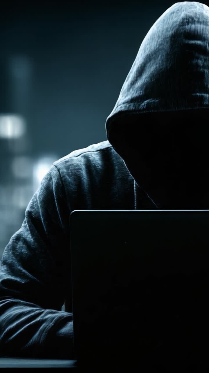 Una figura misteriosa avvolta nell'ombra, impegnata in un'attività al computer, che esplora temi di cybersecurity, privacy e l'ignoto in un ambiente oscurato.