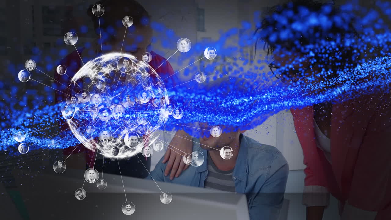 글로벌 네트워크의 애니메이션과 파란 입자 처리 데이터는 다양한 동료들이 일하고 있습니다.