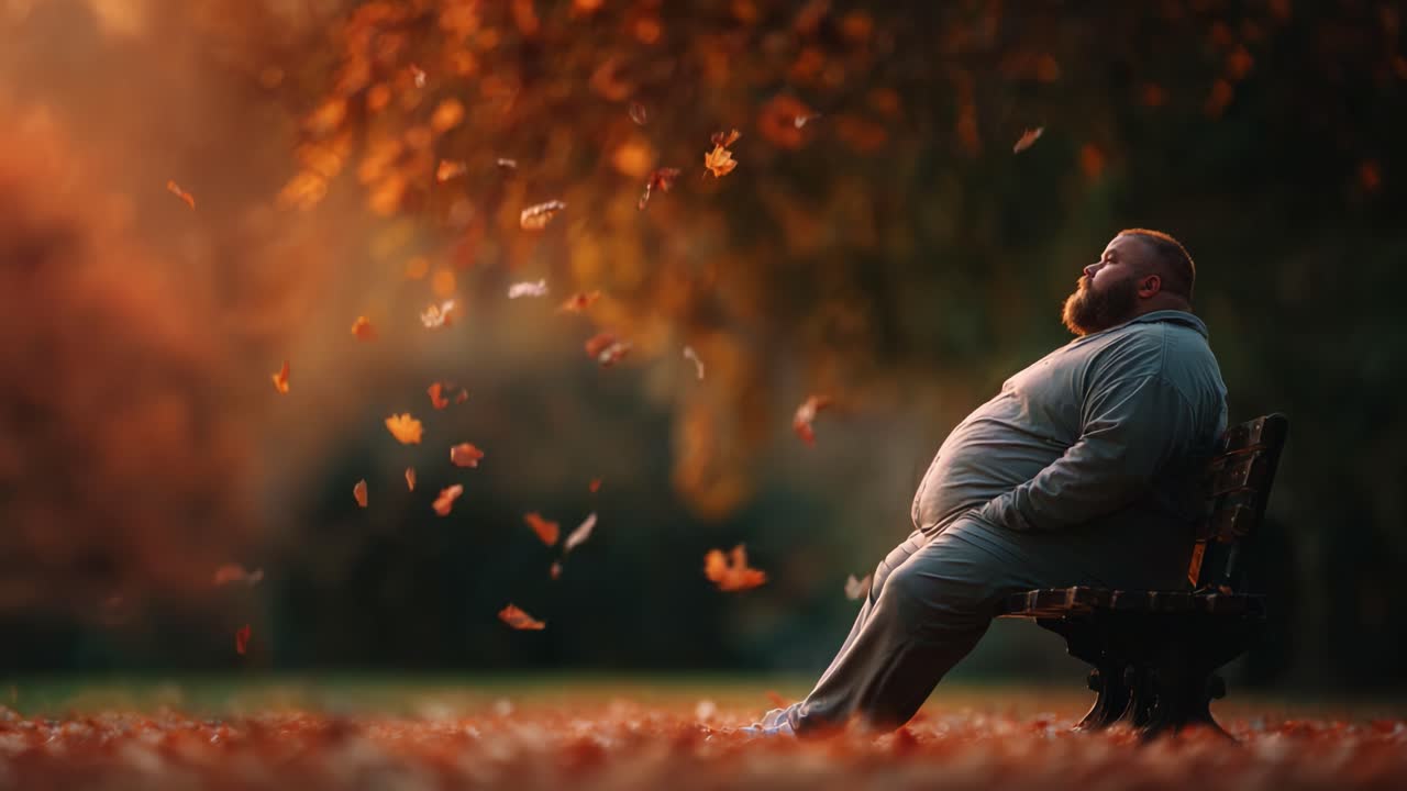 A tranquil autumn moment captured in two frames, showcasing a man in a cozy gray outfit, peacefully sitting on a bench, surrounded by falling leaves and the warm glow of nature